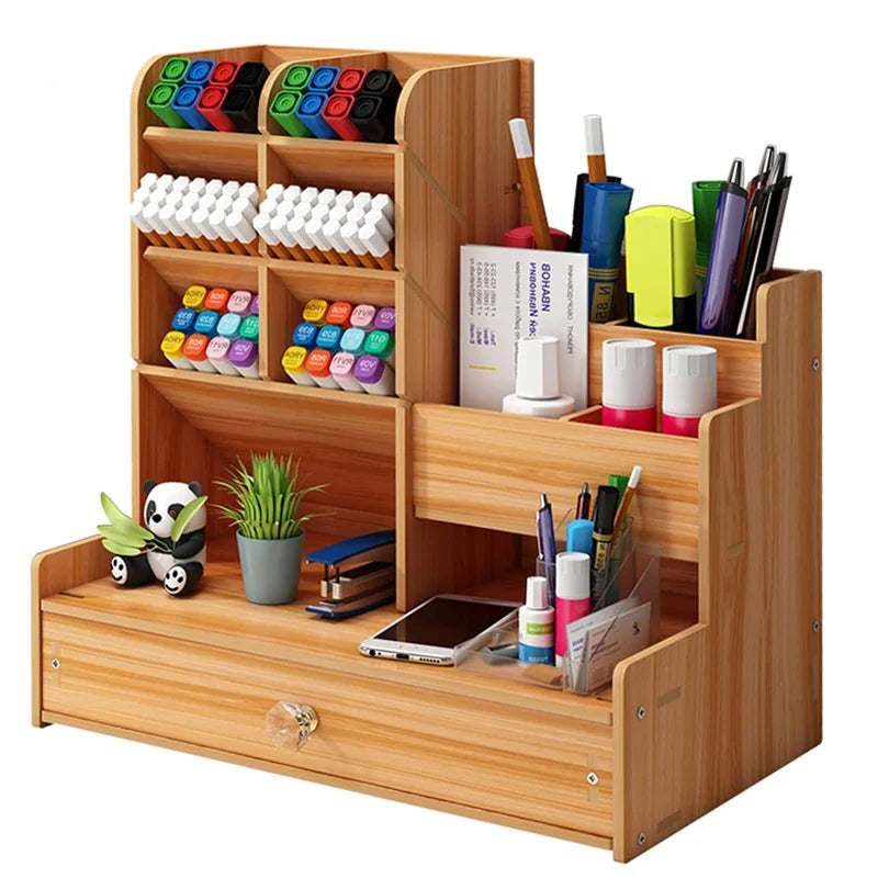 ELMAS Wooden Desk Organizer with Drawer - Stylish Pen Holder - Al Masam Stationery LLC