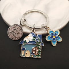 ELMAS Enamel Cottage Family Keychain with Flowers