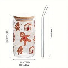 ELMAS Festive Gingerbread Man Glass with Bamboo Lid & Custom Sticker