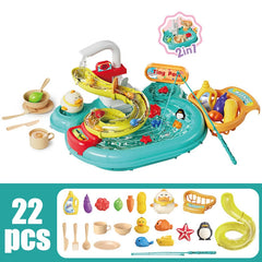 Children Puzzle Pretend Play Toys Dishwashing Basin Toys Gift Kitchen Interactive Toys 2-in-1 Slide Fishing Montessori Toys