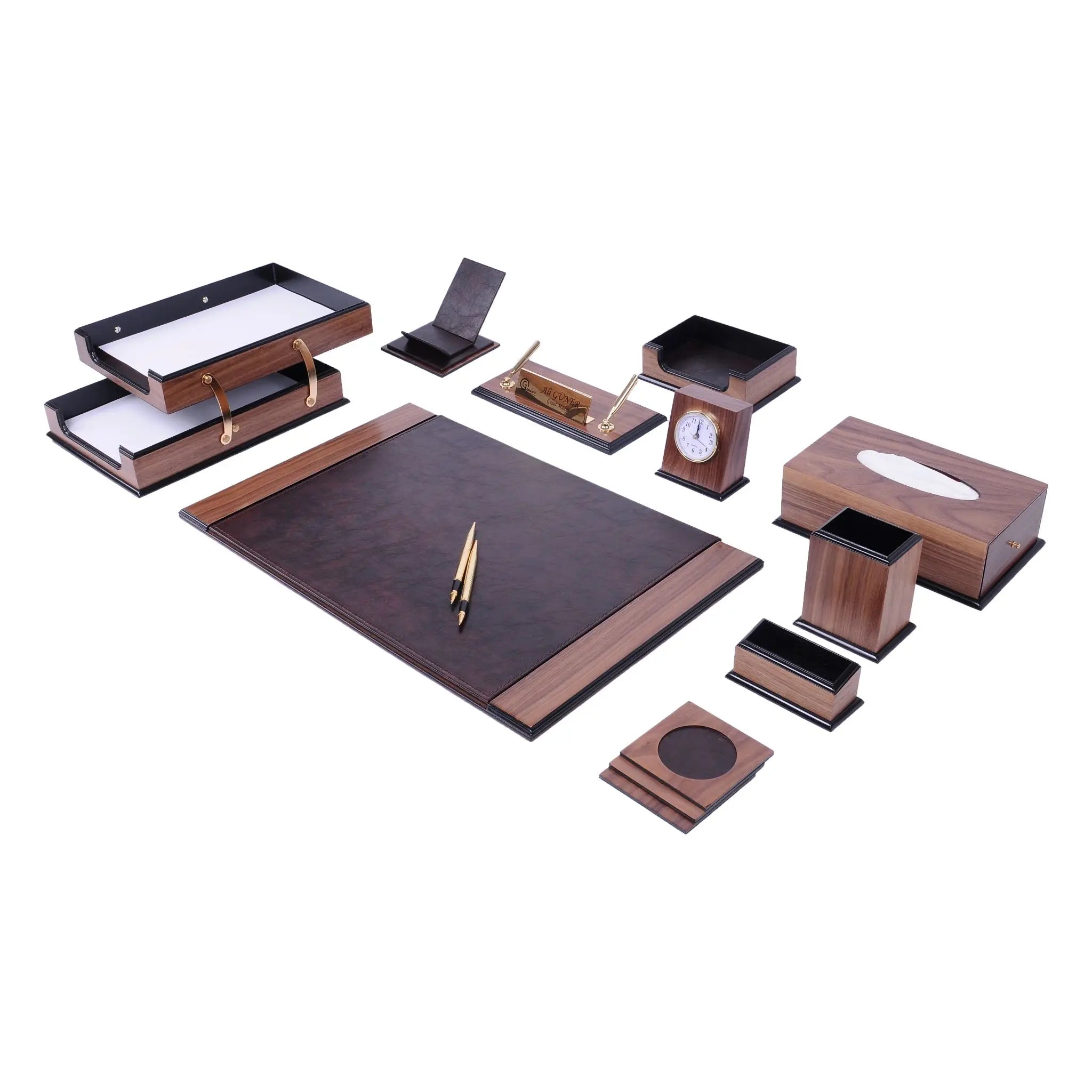 ELMAS Premium Leather & Wood 14-Piece Desk Organizer Set - Al Masam Stationery LLC