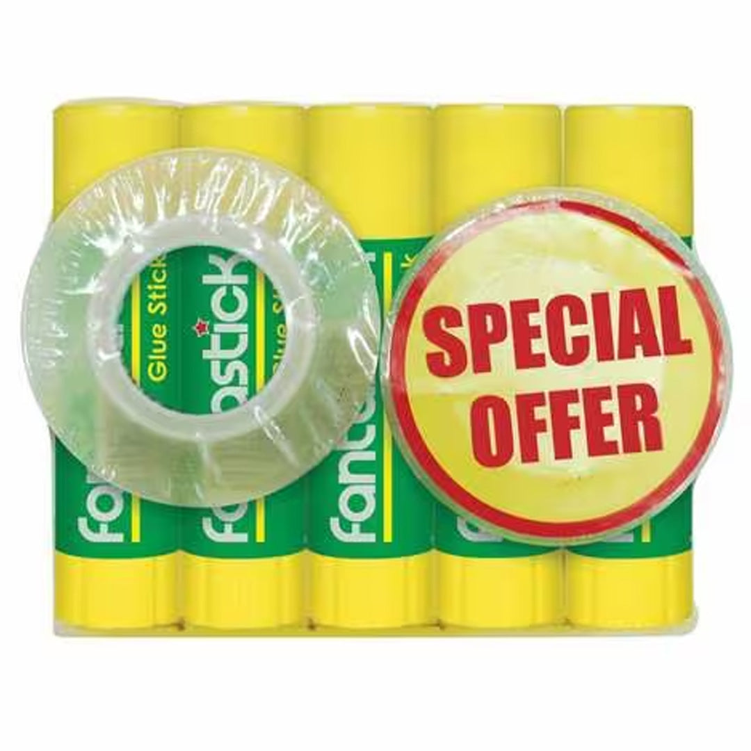 Fantastick Glue Stick 8gms 5 Pcs & Tape 1/2"X36yds 2 Roll Pack - Al Masam Stationery LLC