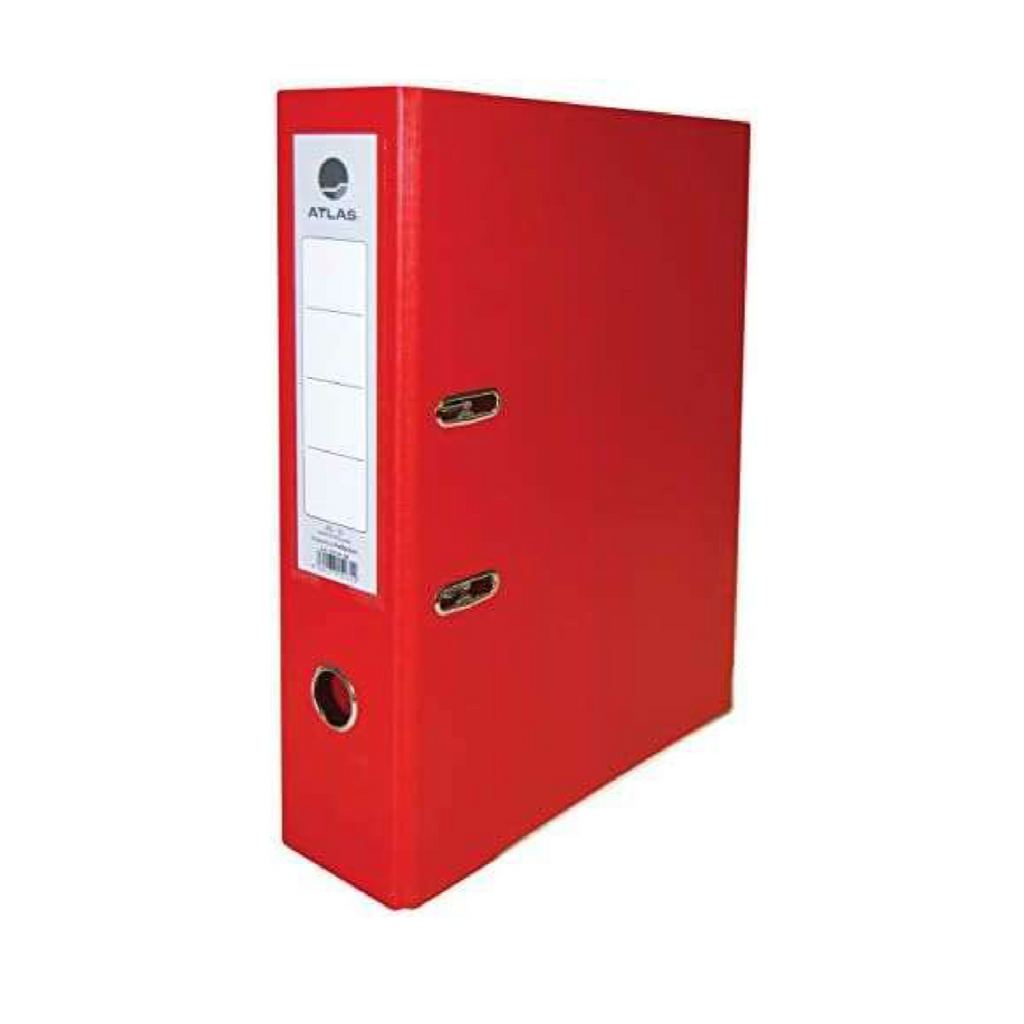 Black Atlas A4 plastic box file with red label holder and 80mm spine for organizing documents.