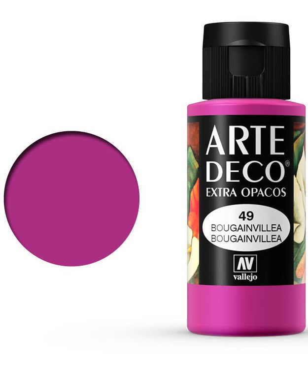 Vallejo Art Deco acrylic color in Bougainvillea shade, 60ml bottle of vibrant pinkish-purple acrylic paint for art projects.