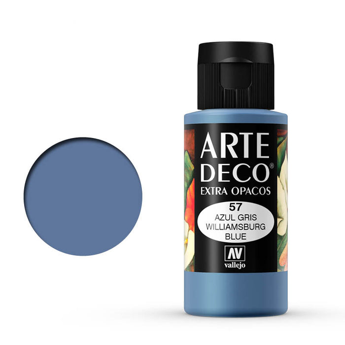 Vallejo Art Deco acrylic color bottle, Williamsburg Blue, 60ml, vibrant blue shade for artistic projects.