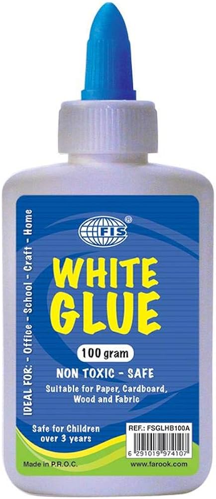 White glue 100 gram from Al Masam Stationery LLC, showing a tube of adhesive with a white cap and labeling.