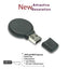 Black rubberized round USB drive by AMS, showing a close-up of the sleek, durable exterior and USB connector.