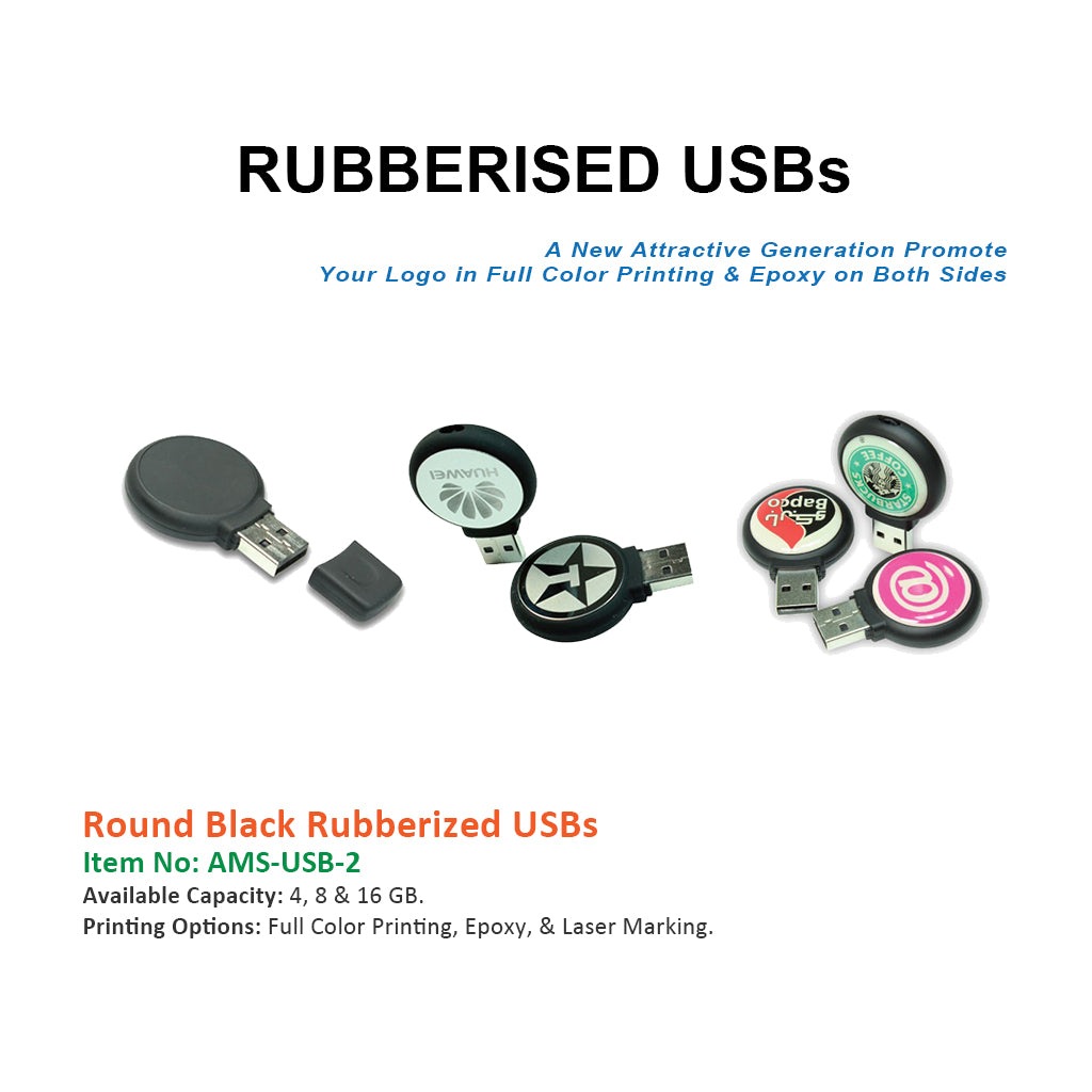 Black rubberized round USB flash drive by AMS, showing close-up of USB connector and smooth black casing.