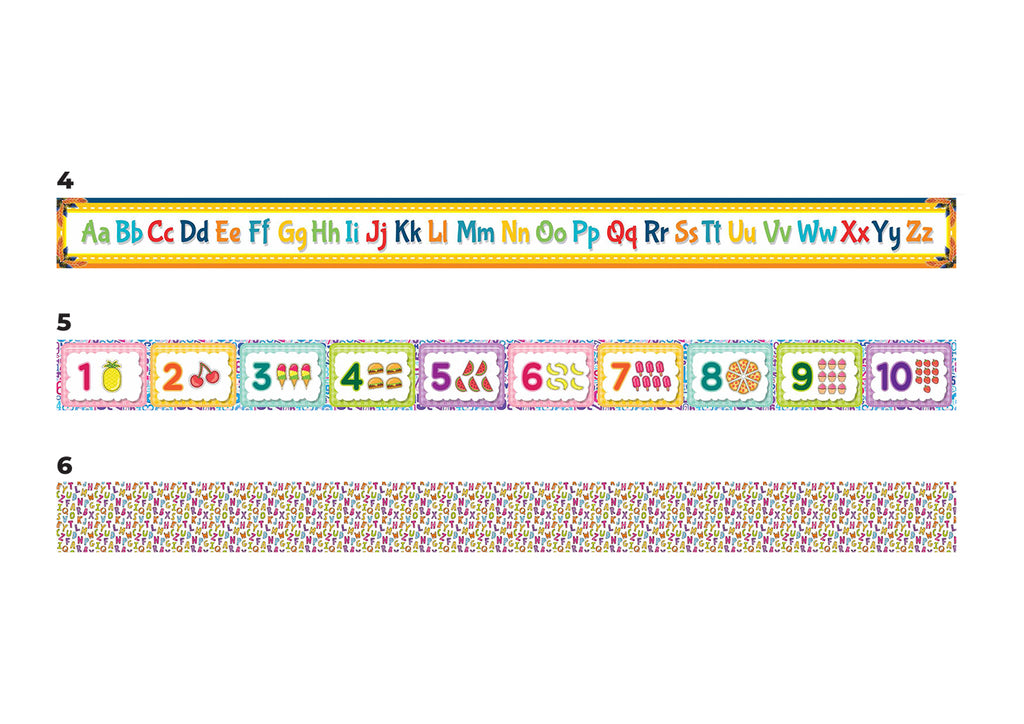 Decorative room border from AMS, featuring colorful patterns suitable for home decor enhancement, shown in a close-up image.