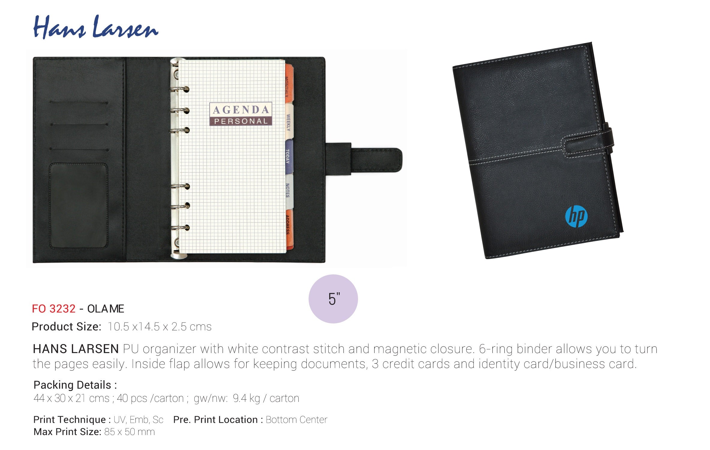 AMS-FO 3232  - Hans Larsen PU Leather Organizers - 5 inch Secondary image