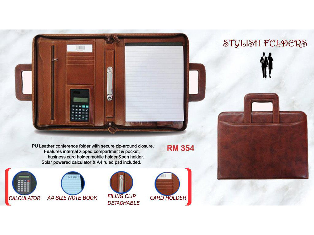 AMS-RM-354 - PU Leather portfolio (Brown) - Al Masam Stationery LLC