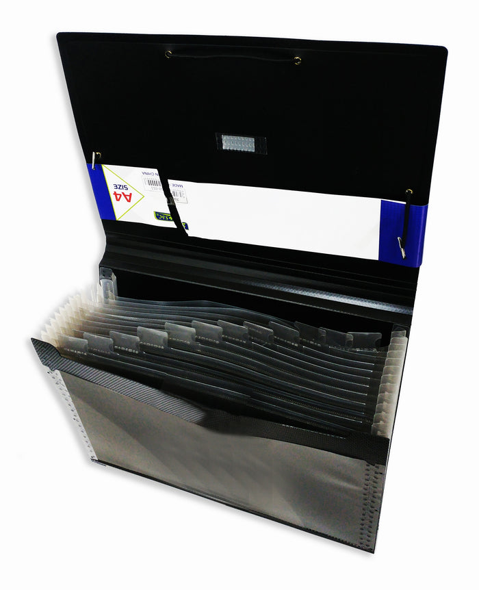 Black AMS A4 expanding file with rubber band for organizing documents and files efficiently.