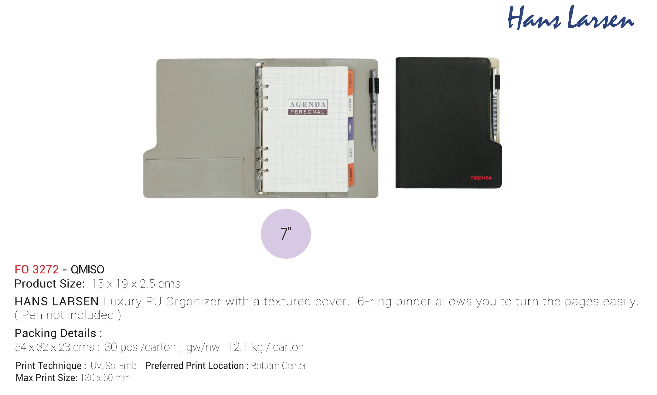 Hans Larsen - AMS- FO 3272 Qmiso - PU Leather -7" Organizer - Al Masam Stationery LLC