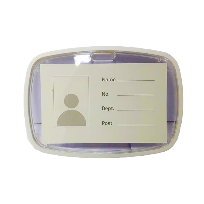 White AMS ID card holder with rubber strap, clear plastic design for secure and easy access to identification cards.