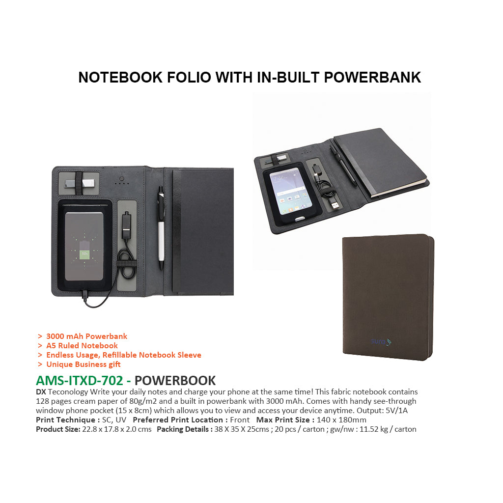 NOTEBOOK FOLIO WITH IN-BUILT POWERBANK - AMS-ITXD-702 - POWERBOOK Secondary image