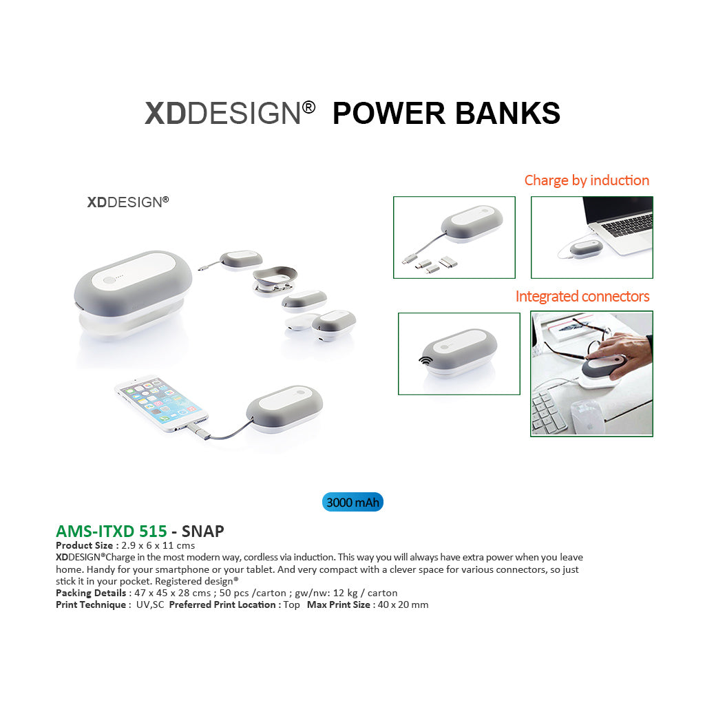 AMS-ITXD 515 - SNAP - XDDESIGN POWER BANKS - 3000 mah (Wireless) - Al Masam Stationery LLC