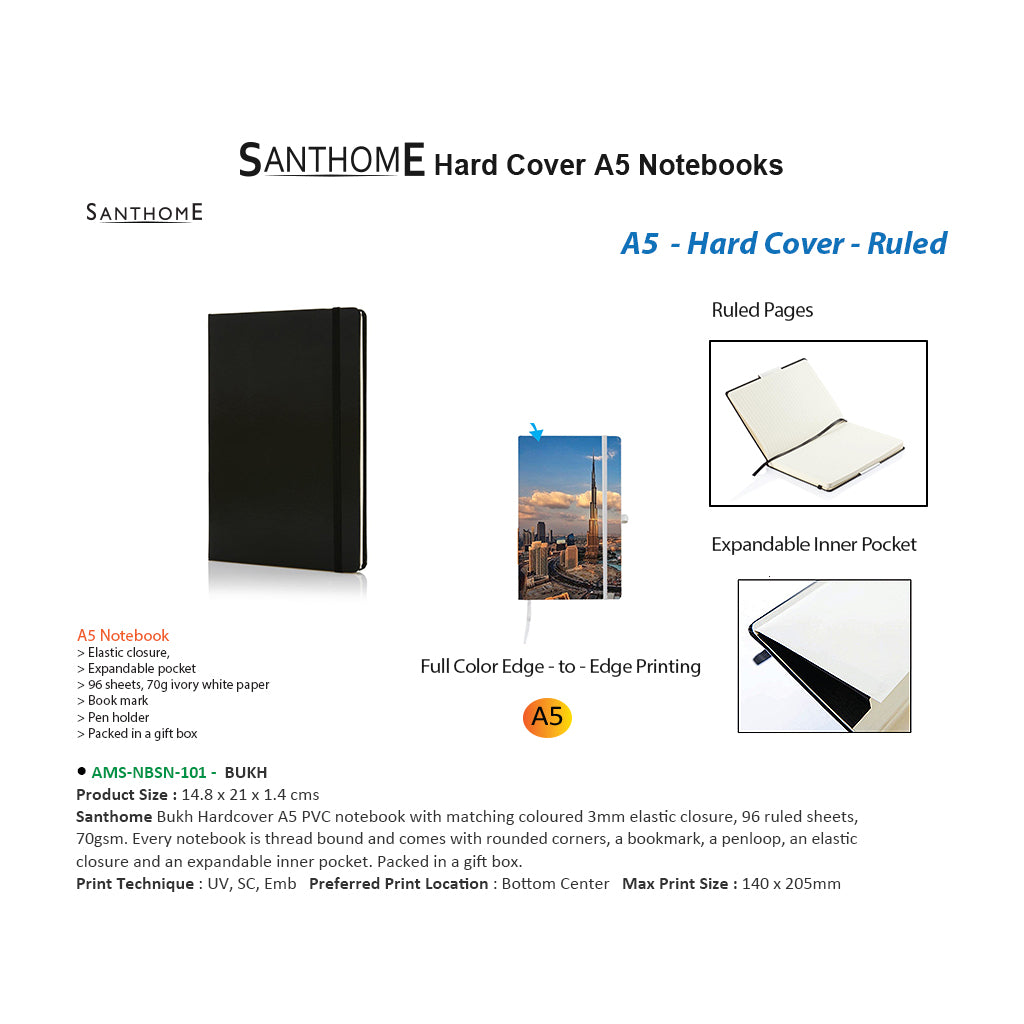 SANTHOME Hard Cover A5 Ruled Notebook - Black - Al Masam Stationery LLC