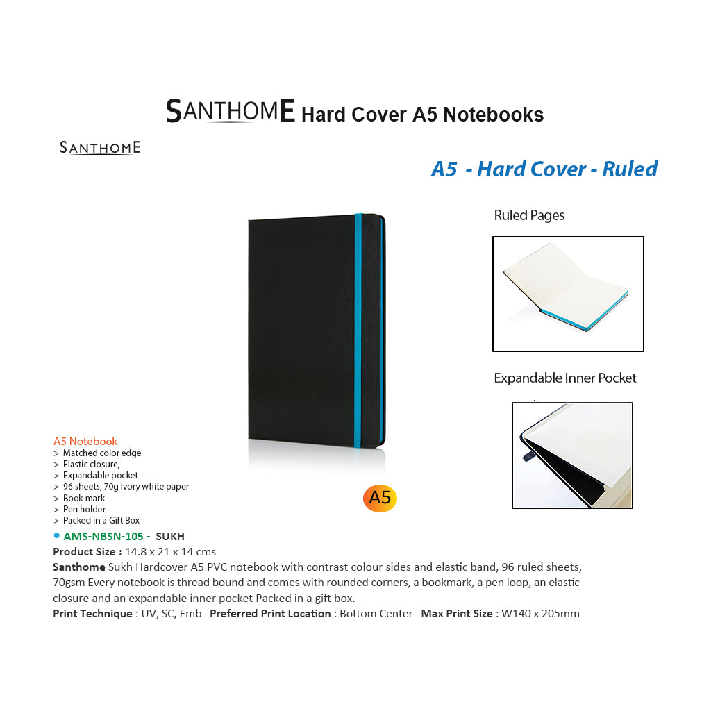 SANTHOME Sukh Hardcover A5 Size, Ruled PVC Notebook - Al Masam Stationery LLC
