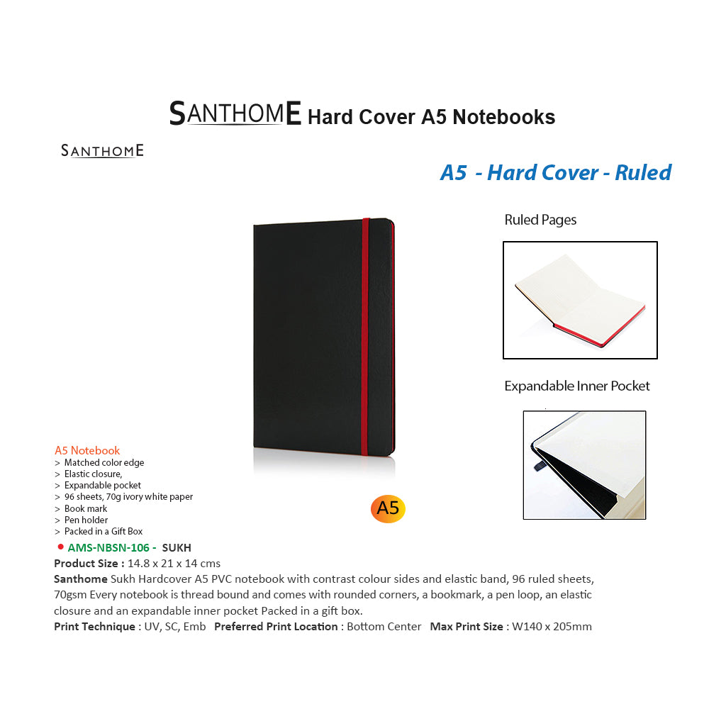 SANTHOME Sukh Hardcover A5 Size, Ruled PVC Notebook - Al Masam Stationery LLC