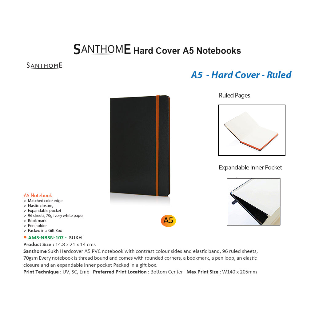 SANTHOME Sukh Hardcover A5 Size, Ruled PVC Notebook - Al Masam Stationery LLC