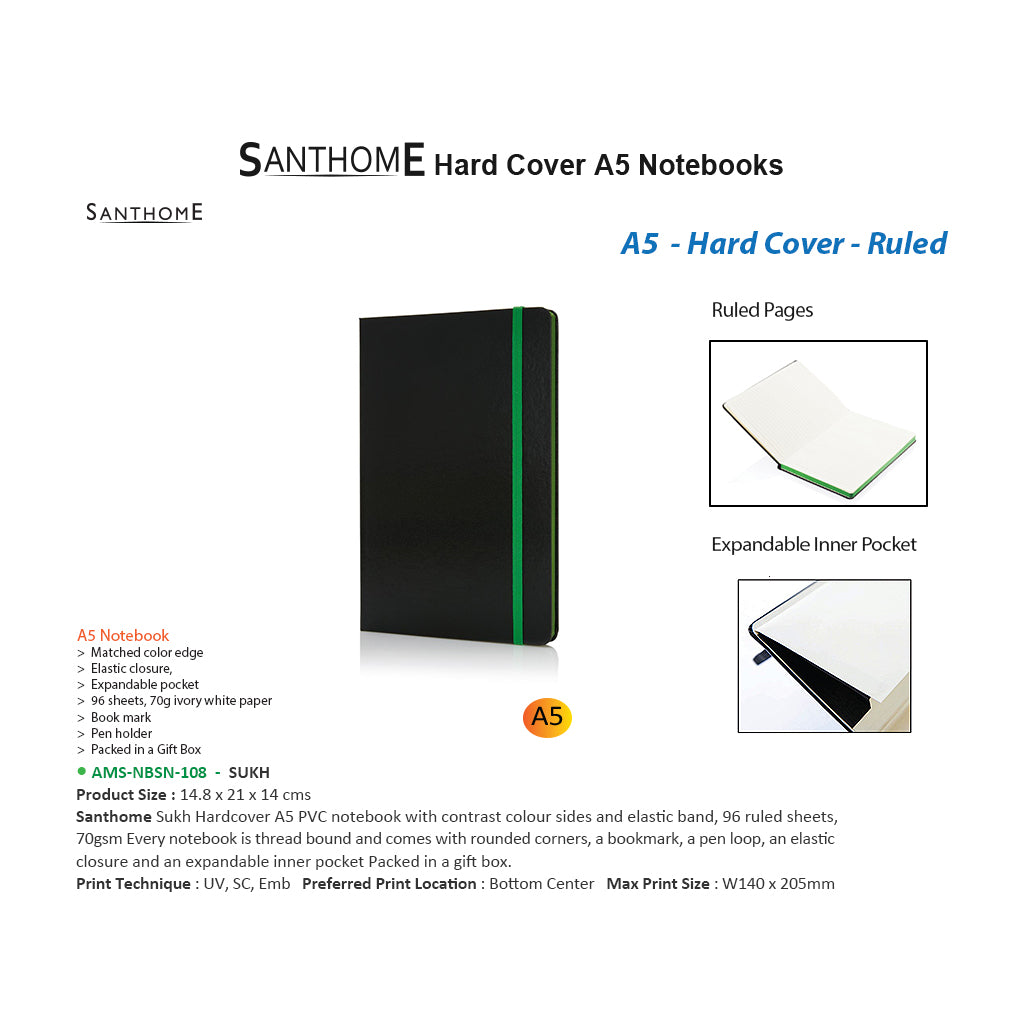 SANTHOME  - AMS-NBSN 108 Sukh Hardcover A5 Size, Ruled PVC Notebook - Al Masam Stationery LLC