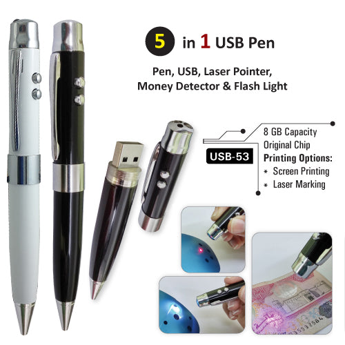 Black AMS 5 in 1 USB Pen with integrated pen and eraser, ideal for business and corporate gifts.