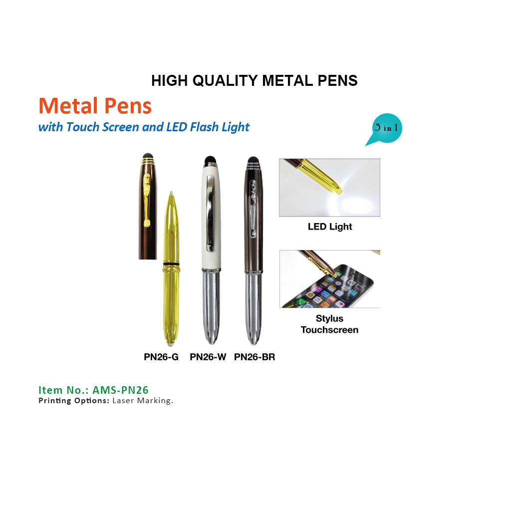 AMS-PN-26 - 3 in 1 Metal Pens (Pen + Torch + touch) - Al Masam Stationery LLC
