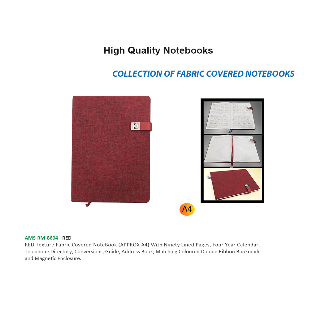 AMS-RM-8604 - RED - A4 size Fabric Notebooks - Al Masam Stationery LLC
