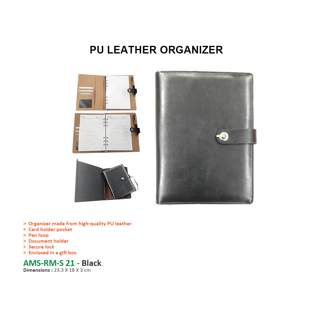 AMS-RM-S 21 - (Black) PU Leather Organizer - Al Masam Stationery LLC