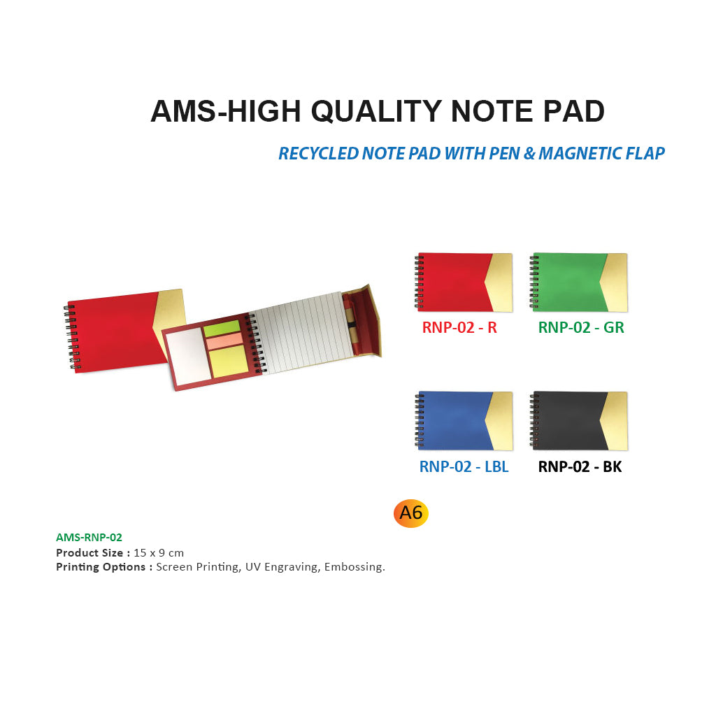AMS-RNP-02 - Recycled Note pad with pen and magnetic flap - Al Masam Stationery LLC