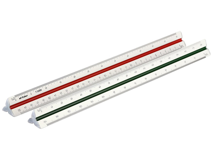 AMS triangular scale for drawing, drafting, and measurement with clear graduated markings on a sturdy plastic ruler.