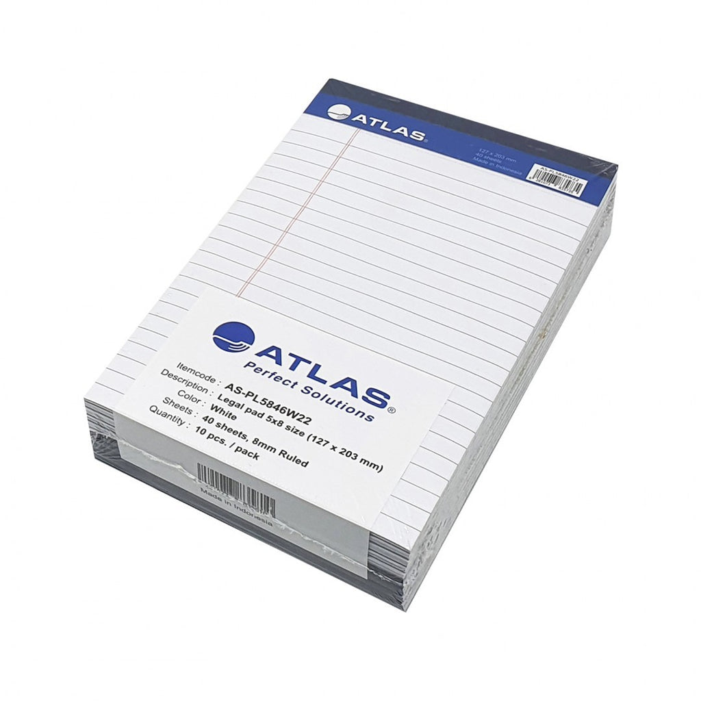 White Atlas Legal Pad with 40 sheets, 5 x 8 inches, featuring lined pages for writing and note-taking.
