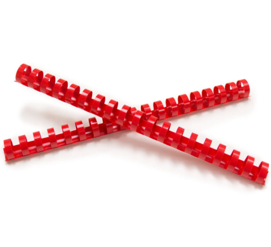 Red Atlas A4 binding comb, 8mm size, showcasing its flexible design and sturdy construction for document binding.