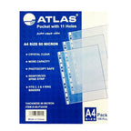 Clear A4 size pocket folder by Atlas, transparent plastic with reinforced edges for document storage and organization.