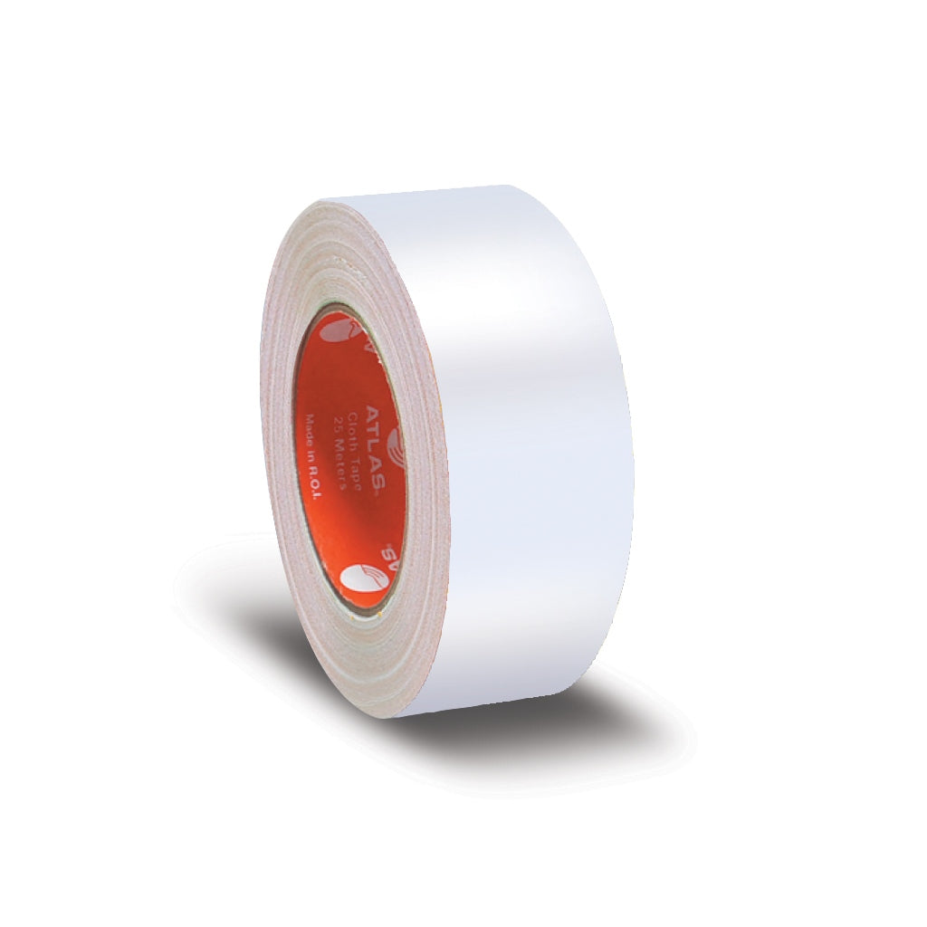 White Atlas Cloth Tape 25mm width, showing the durable, flexible fabric tape with reinforced edges for sealing and bundling. Main image