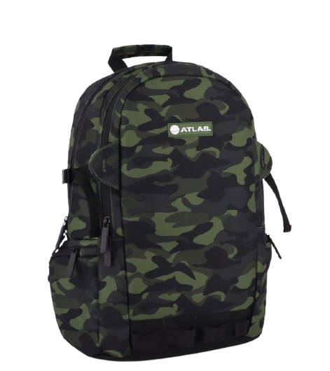 Atlas Boy Backpack Army 18-inch school bag in army blue with multiple compartments and adjustable straps for students.