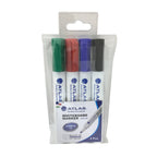 Atlas multicolor bullet tip whiteboard markers displayed on a whiteboard, ideal for writing and highlighting in office or classroom settings.