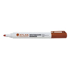 Atlas whiteboard marker pack with red bullet tip markers, featuring white ink on a clean whiteboard surface.