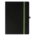 Atlas Elite ruled notebook with 240 pages and four tabbed sections, black cover, ideal for organized writing.