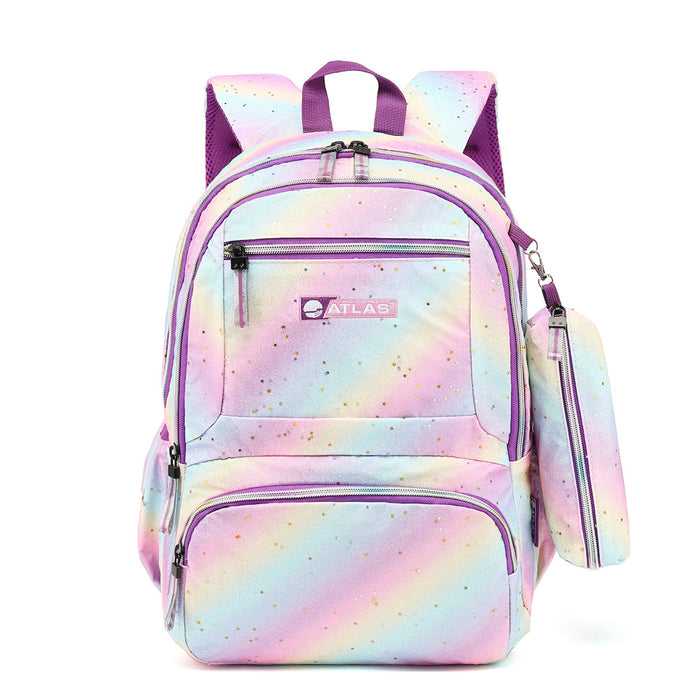 Atlas girls' backpack in beige with rainbow star design, 18-inch school bag featuring adjustable straps and multiple compartments.