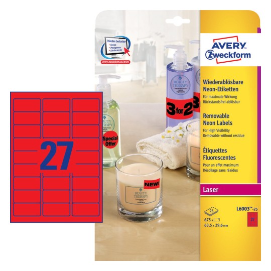 Labels in special Colours 63.5 x 29.6 mm Neon Red - Al Masam Stationery LLC