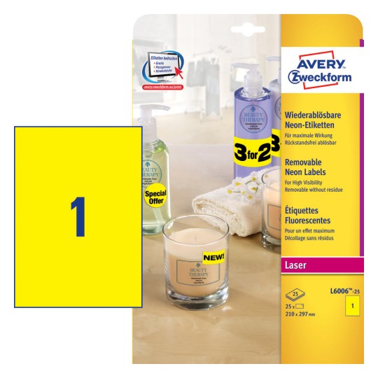 Labels in special colours210 x 297 mm, Colour Laser, B/W Laser, Copier, neon yellow - Al Masam Stationery LLC