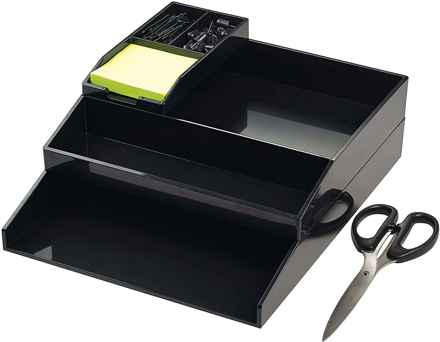 All in One Office Desk Organizer 3 Trays Scissors Sticky Notes  260x55x320 Black - Al Masam Stationery LLC Main image