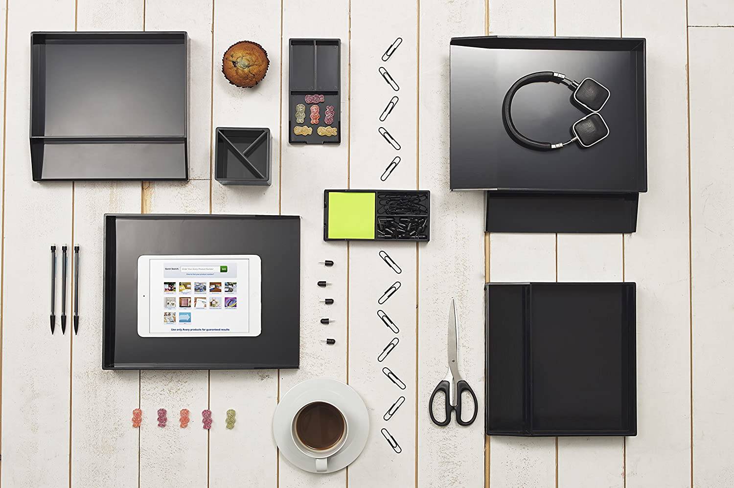 All in One Office Desk Organizer 3 Trays Scissors Sticky Notes  260x55x320 Black Secondary image