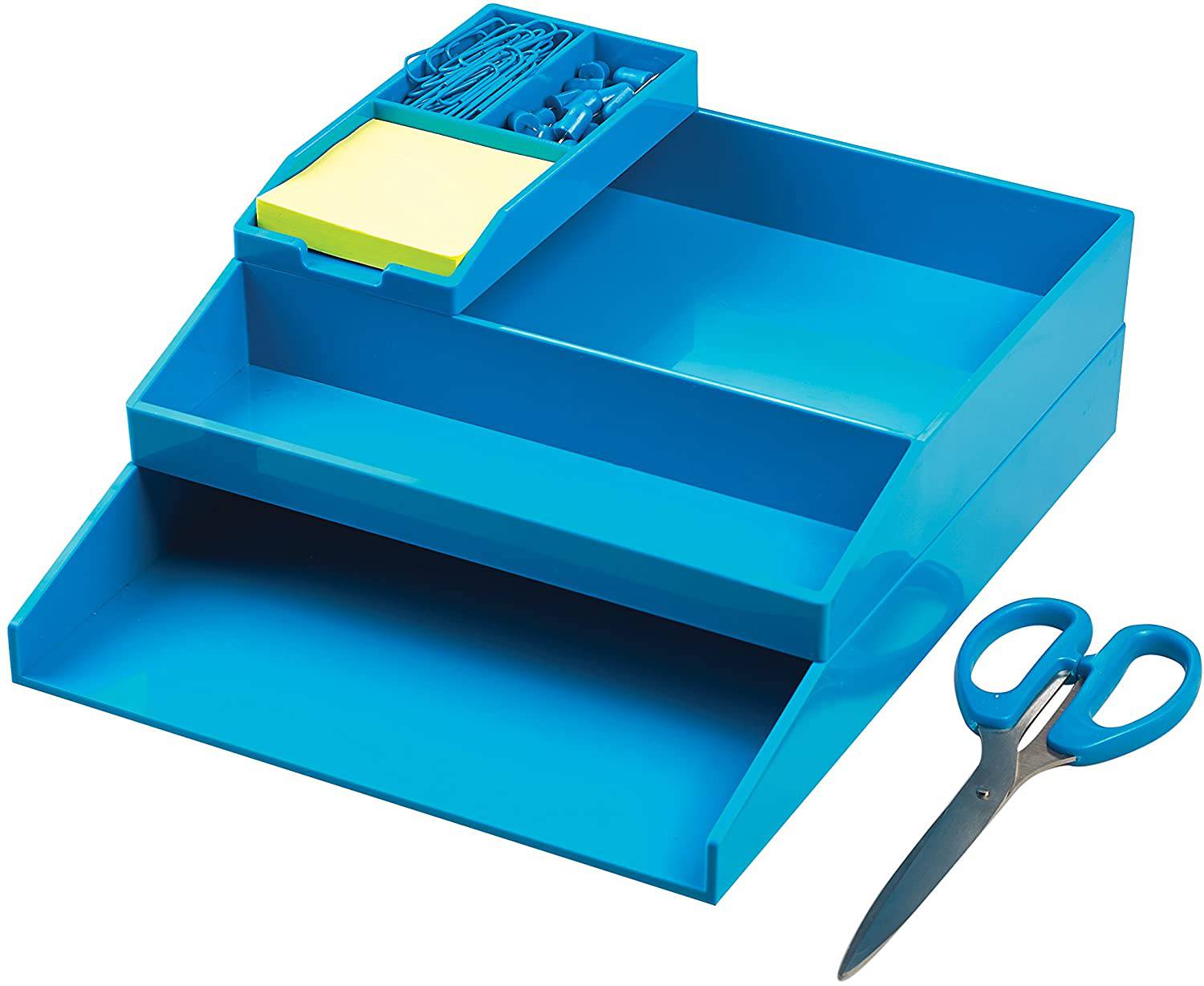 All in One Office Desk Organizer 3 Trays Scissors Sticky Notes 260x55x320 Blue - Al Masam Stationery LLC Main image