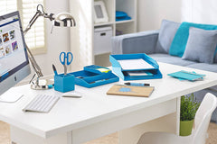 All in One Office Desk Organizer 3 Trays Scissors Sticky Notes 260x55x320 Blue - Al Masam Stationery LLC