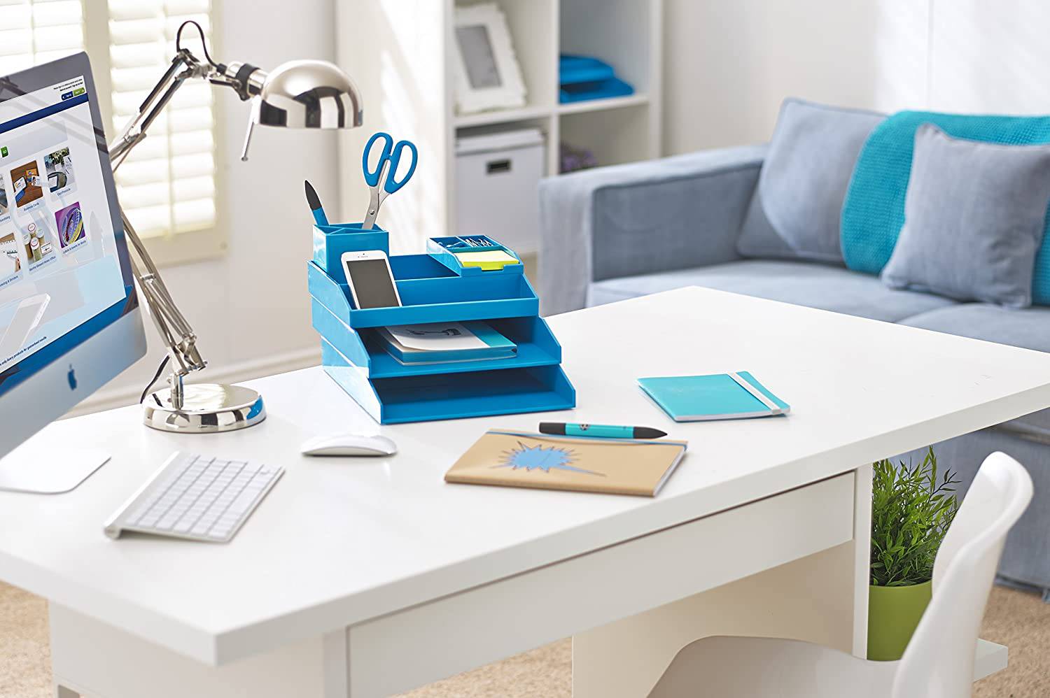 All in One Office Desk Organizer 3 Trays Scissors Sticky Notes 260x55x320 Blue Secondary image