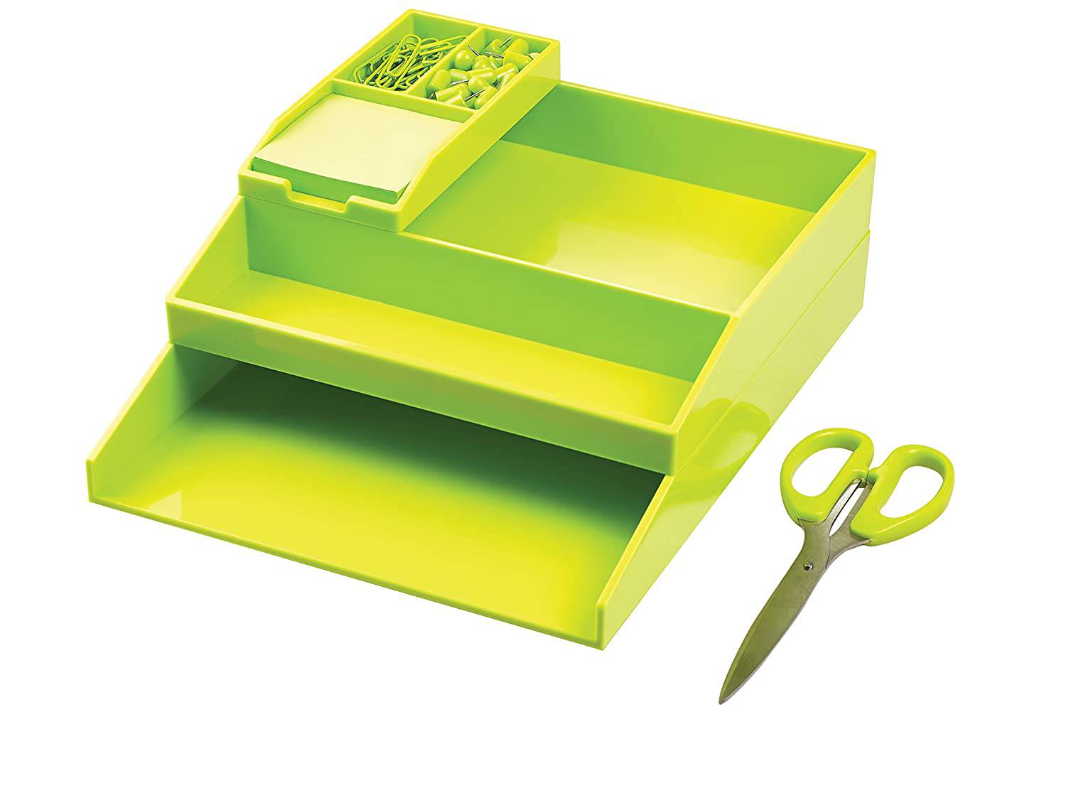 All in One Office Desk Organizer 3 Trays Scissors Sticky Notes 260x55x320 Green - Al Masam Stationery LLC Main image