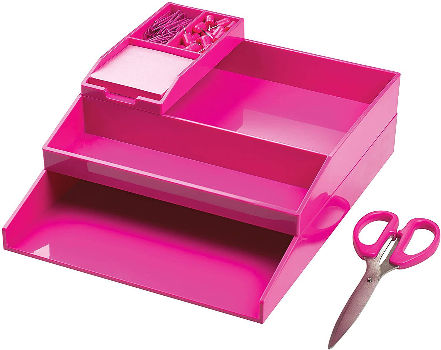 All in One Office Desk Organizer 3 Trays Scissors Sticky Notes 260x55x320 Pink - Al Masam Stationery LLC Main image