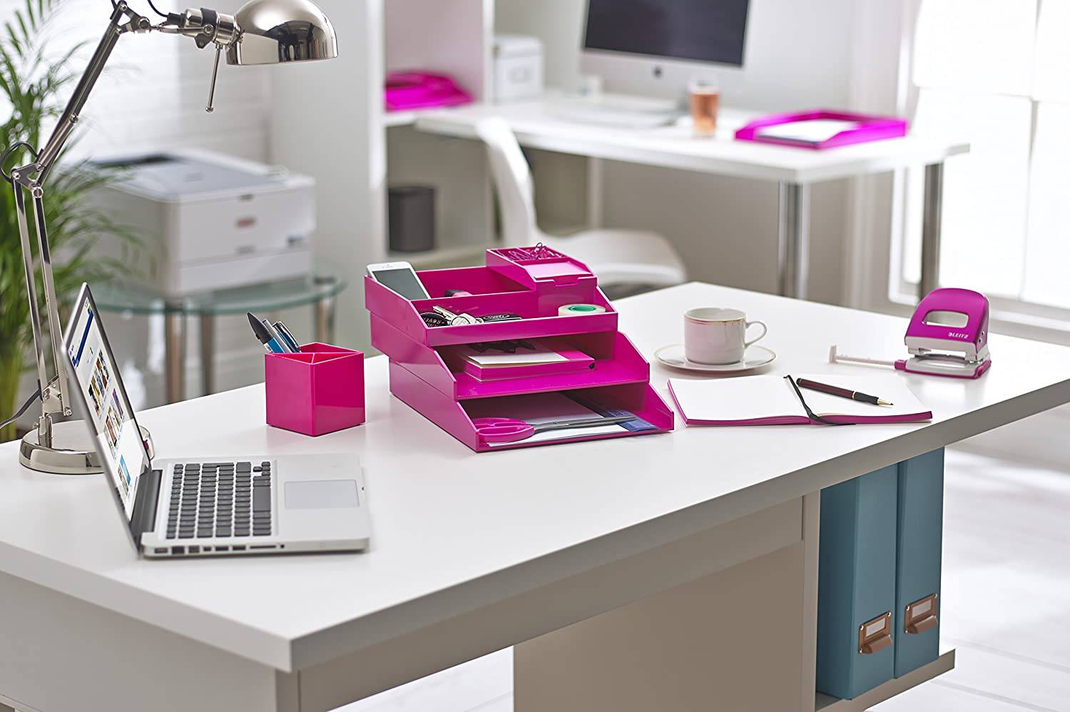 All in One Office Desk Organizer 3 Trays Scissors Sticky Notes 260x55x320 Pink - Al Masam Stationery LLC